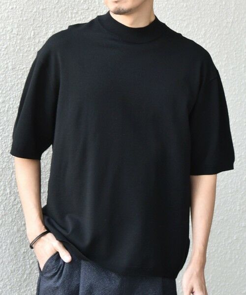 SHIPS / シップス Tシャツ | SHIPS any:〈手洗い可能〉ハイゲージ リネン ミックス サマーニット モックネック Tシャツ 26SS◆（ブラック）