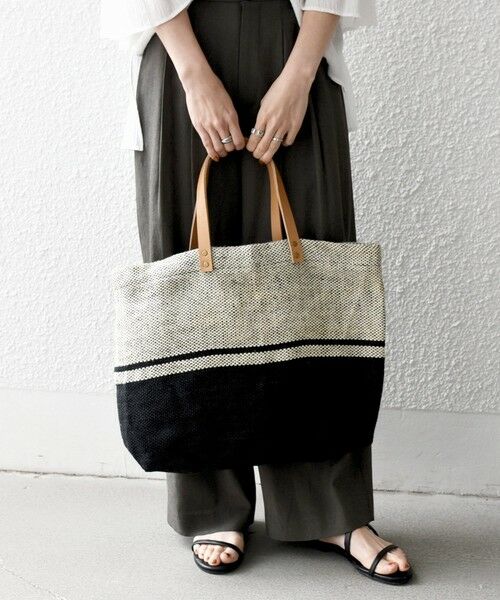 SHIPS / シップス トートバッグ | 《予約》TARANGO: ライン デザイン ジュート ビッグ トート（A4対応）（ブラック）