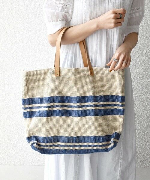 SHIPS / シップス トートバッグ | 《予約》TARANGO: ライン デザイン ジュート ビッグ トート（A4対応）（ブルー）