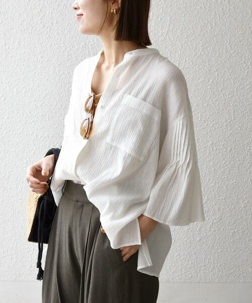 SHIPS / シップス シャツ・ブラウス | 《予約》SHIPS any:〈洗濯機可能〉楊柳 シアー バンド カラー フレア シャツ | 詳細9