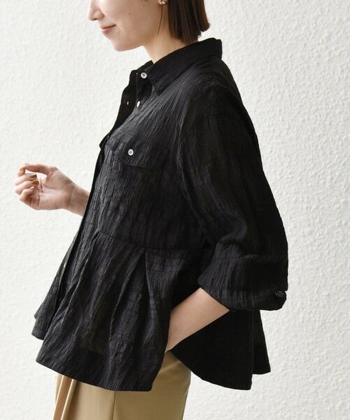 SHIPS / シップス シャツ・ブラウス | 《予約》SHIPS any:〈手洗い可能〉シアー チェック レギュラーカラー ペプラム シャツ（ブラック）