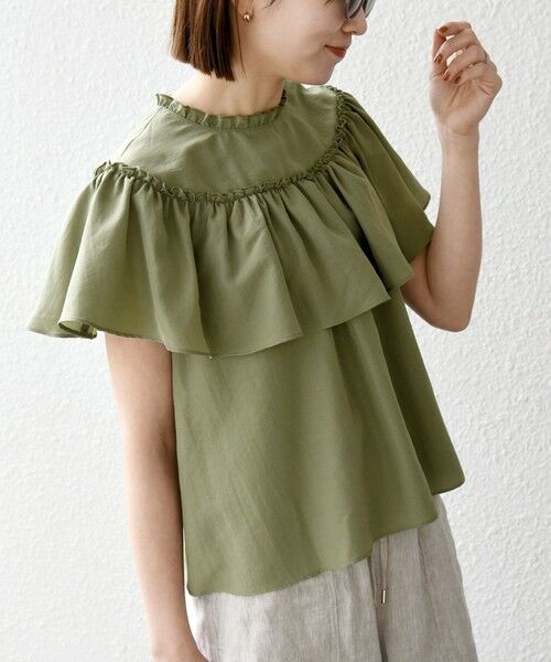 SHIPS / シップス シャツ・ブラウス | 《予約》SHIPS any:〈洗濯機可能〉グロッシー ラッフル フリル ギャザー ブラウス（オリーブ）