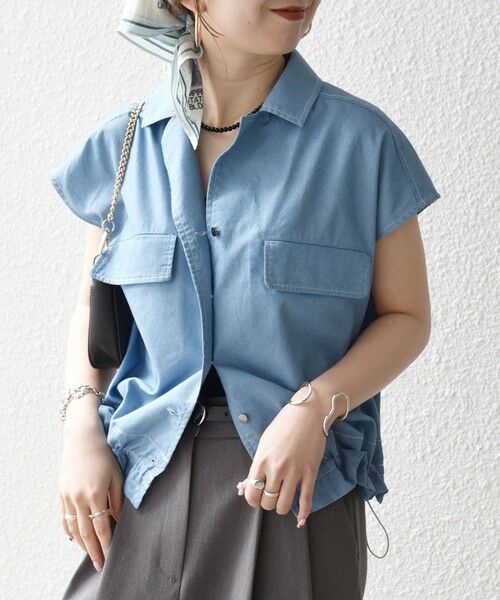 SHIPS / シップス シャツ・ブラウス | 《予約》SHIPS any:〈洗濯機可能〉シャンブレー デニム フレンチスリーブ ドロスト ブラウス | 詳細3