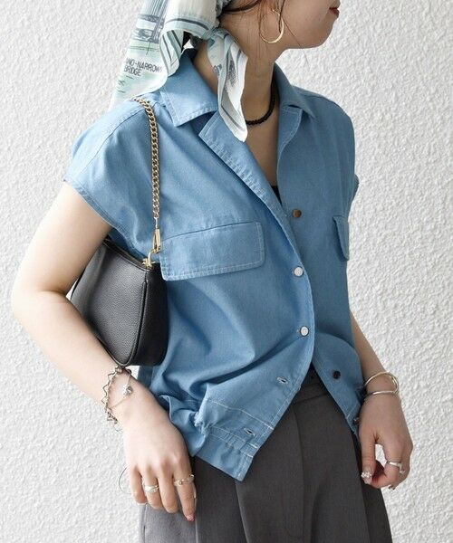 SHIPS / シップス シャツ・ブラウス | 《予約》SHIPS any:〈洗濯機可能〉シャンブレー デニム フレンチスリーブ ドロスト ブラウス | 詳細4