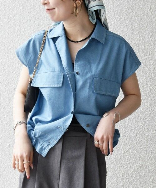 SHIPS / シップス シャツ・ブラウス | 《予約》SHIPS any:〈洗濯機可能〉シャンブレー デニム フレンチスリーブ ドロスト ブラウス | 詳細7