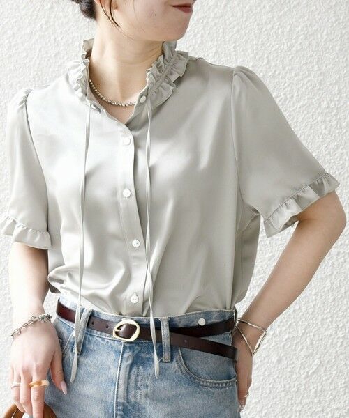 SHIPS / シップス シャツ・ブラウス | 《予約》SHIPS any:〈洗濯機可能〉サテン フリル カラー リボン シャツ ブラウス 26SS（ライトグレー）