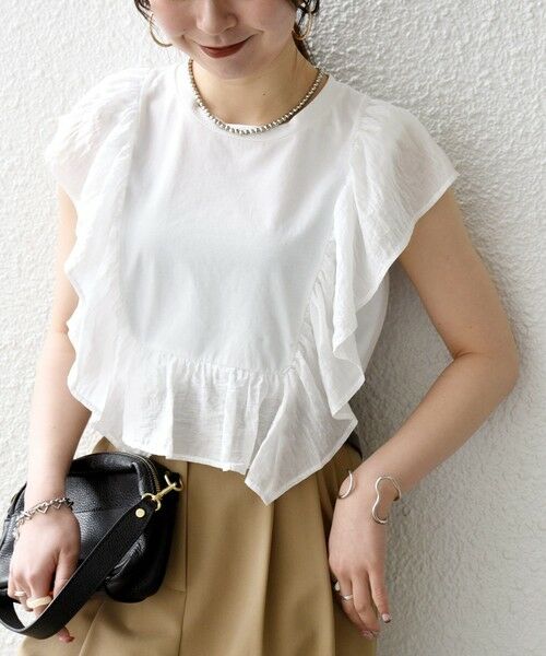 SHIPS / シップス Tシャツ | 《予約》SHIPS any:〈洗濯機可能〉フリル コンビ ノースリーブ TEE（ホワイト）