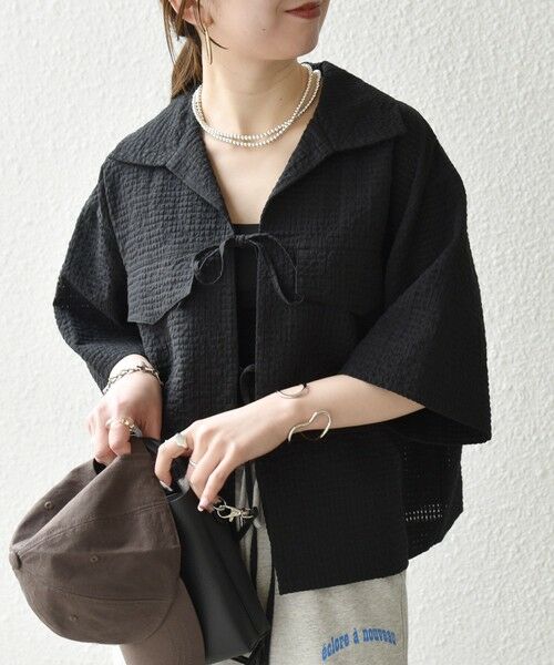 SHIPS / シップス シャツ・ブラウス | 《予約》SHIPS any:〈手洗い可能〉サッカー リボン 開襟シャツ 羽織り（ブラック）