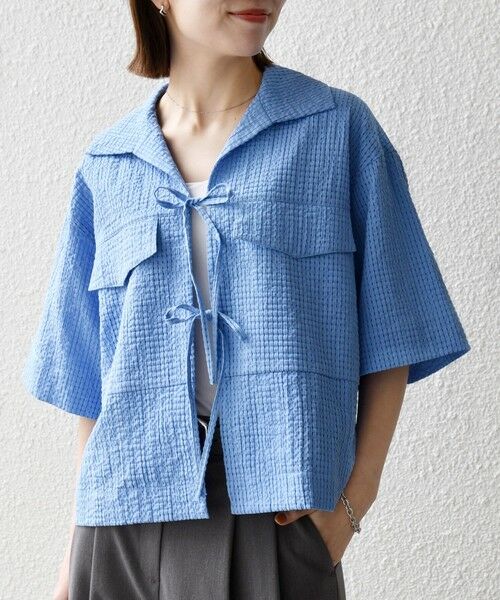 SHIPS / シップス シャツ・ブラウス | 《予約》SHIPS any:〈手洗い可能〉サッカー リボン 開襟シャツ 羽織り（ブルー）