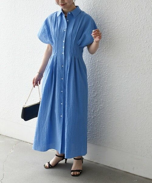 SHIPS / シップス ロング・マキシ丈ワンピース | 《予約》SHIPS any:〈手洗い可能〉サッカー フレンチ スリーブ シャツ ワンピース（ブルー）