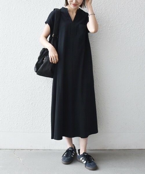 SHIPS / シップス ロング・マキシ丈ワンピース | 《予約》SHIPS any:〈接触冷感/汗染み防止加工/洗濯機可能〉スキッパー Aライン ワンピース（ブラック）