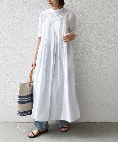 SHIPS / シップス ロング・マキシ丈ワンピース | 《予約》SHIPS any:〈洗濯機可能〉キャンブリック レース ピンタック パフスリーブ ワンピース | 詳細1