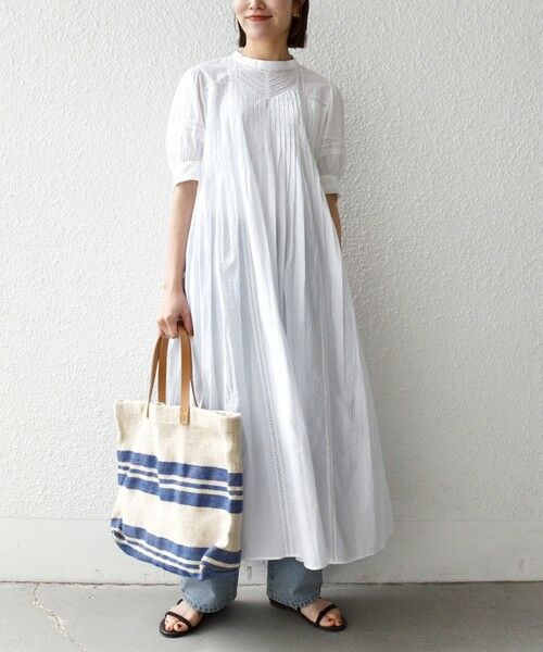 SHIPS / シップス ロング・マキシ丈ワンピース | 《予約》SHIPS any:〈洗濯機可能〉キャンブリック レース ピンタック パフスリーブ ワンピース（オフホワイト）