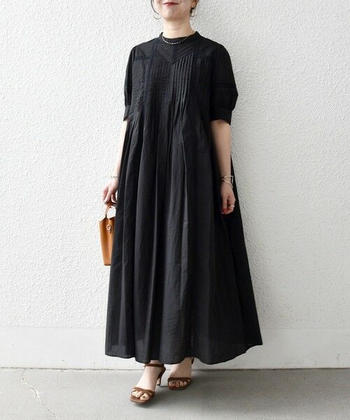 SHIPS / シップス ロング・マキシ丈ワンピース | 《予約》SHIPS any:〈洗濯機可能〉キャンブリック レース ピンタック パフスリーブ ワンピース（ブラック）