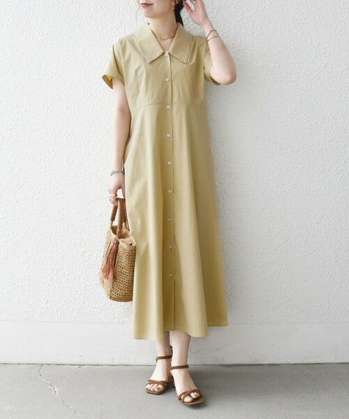 SHIPS / シップス ロング・マキシ丈ワンピース | 《予約》SHIPS any:〈洗濯機可能〉フラットカラー Vネック フレア ワンピース 2（イエロー）