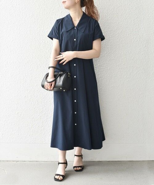 SHIPS / シップス ロング・マキシ丈ワンピース | 《予約》SHIPS any:〈洗濯機可能〉フラットカラー Vネック フレア ワンピース 2（ネイビー）