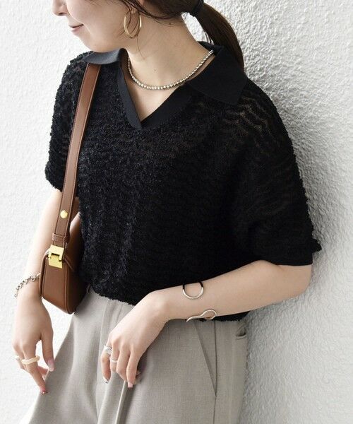 SHIPS / シップス ニット・セーター | 《予約》SHIPS any:〈手洗い可能〉シアー ジャカード スキッパー ポロ ニット（ブラック）