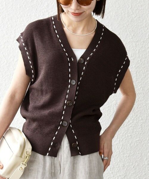 SHIPS / シップス ベスト | 《予約》SHIPS any:〈手洗い可能〉リネン レーヨン ステッチ 編み Vネック ベスト（ブラウン）