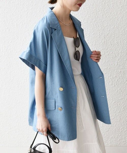 SHIPS / シップス テーラードジャケット | 《予約》SHIPS any:〈洗濯機可能〉シャンブレー デニム ロールアップ シャツ ジャケット | 詳細5