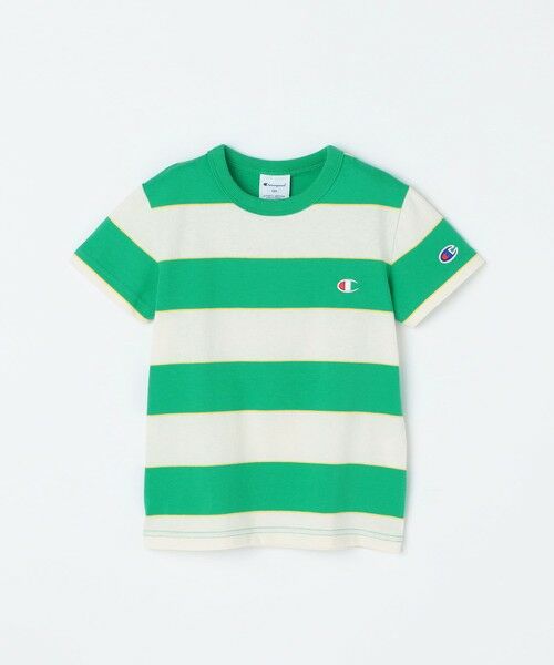 SHIPS / シップス Tシャツ | Champion:〈洗濯機可能〉ワイド ボーダー ワンポイント 刺繍 Tシャツ<KIDS>（グリーン）