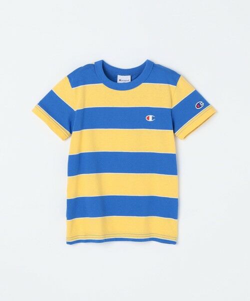 SHIPS / シップス Tシャツ | Champion:〈洗濯機可能〉ワイド ボーダー ワンポイント 刺繍 Tシャツ<KIDS>（ブルー）