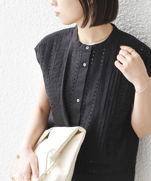 SHIPS / シップス シャツ・ブラウス | 《予約》SHIPS Colors:〈手洗い可能〉エンブロイダリー レース フレンチスリーブ シャツ◆（ブラック）