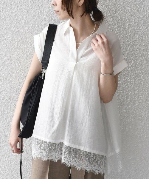 SHIPS / シップス シャツ・ブラウス | 《予約》SHIPS Colors:〈手洗い可能〉ヘム レース スキッパー ブラウス◆（オフホワイト）