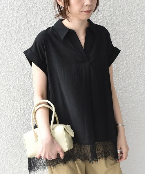 SHIPS / シップス シャツ・ブラウス | 《予約》SHIPS Colors:〈手洗い可能〉ヘム レース スキッパー ブラウス◆（ブラック）