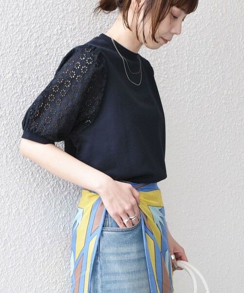 SHIPS / シップス Tシャツ | 《予約》SHIPS Colors:〈手洗い可能〉ミニ裏毛 レース スリーブ トップス◆（ネイビー）