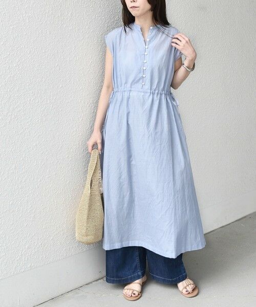 SHIPS / シップス ロング・マキシ丈ワンピース | 《予約》SHIPS Colors:〈手洗い可能〉コットン キュプラ ギャザー ワンピース◆（ライトブルー）