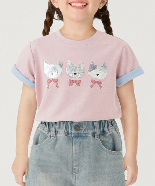 SHIPS / シップス Tシャツ | 《予約》SHIPS Colors:100〜130cm /〈手洗い可能〉スパンコール 刺繍 Tシャツ◆（ピンク）