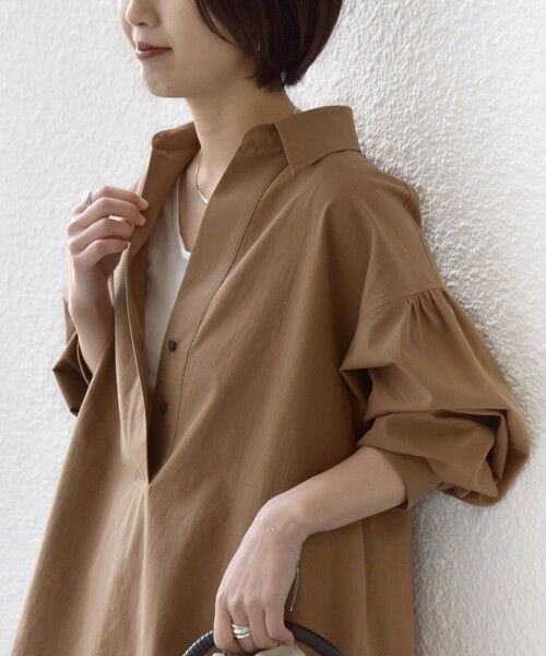 SHIPS / シップス シャツ・ブラウス | 〈手洗い可能〉無地 / ストライプ サイド スリット スキッパー コットン シャツ 2（ブラウン）