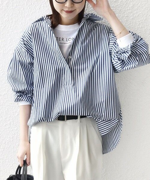 SHIPS / シップス シャツ・ブラウス | 〈手洗い可能〉無地 / ストライプ サイド スリット スキッパー コットン シャツ 2（ネイビー）