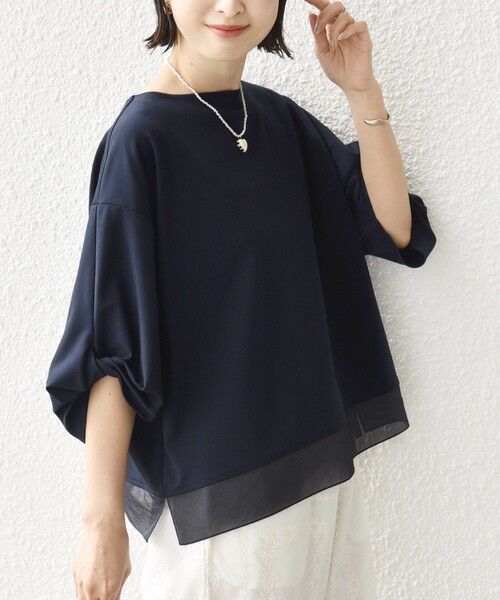 SHIPS / シップス カットソー | 〈洗濯機可能〉袖 ツイスト デザイン シアー ドッキング TEE（ネイビー）