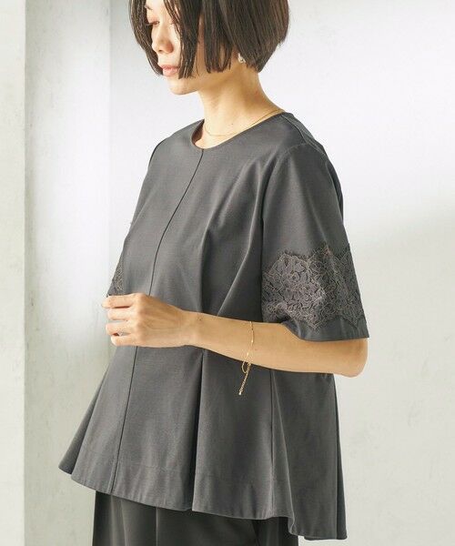 SHIPS / シップス カットソー | 《予約》〈手洗い可能〉シルケット ポンチ レース コンビ プルオーバー（ダークグレー）