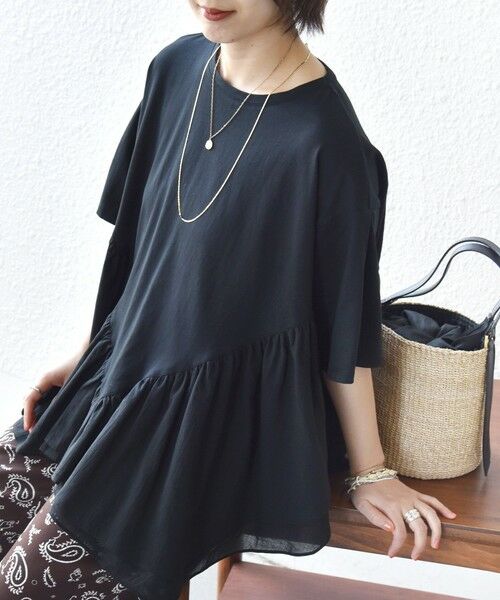 SHIPS / シップス Tシャツ | 《予約》【WEB限定】〈手洗い可能〉ランダム ギャザー ドッキング TEE（ブラック）