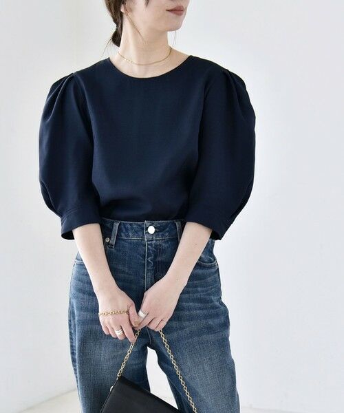 SHIPS / シップス シャツ・ブラウス | 《予約》quaranciel:〈洗濯機可能〉リネンライク パフスリーブ クルーネック ブラウス（ネイビー）