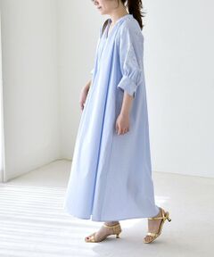 SHIPS / シップス ロング・マキシ丈ワンピース | 《予約》quaranciel:〈洗濯機可能〉ストライプ フラワー刺繍 スキッパー シャツ ワンピース