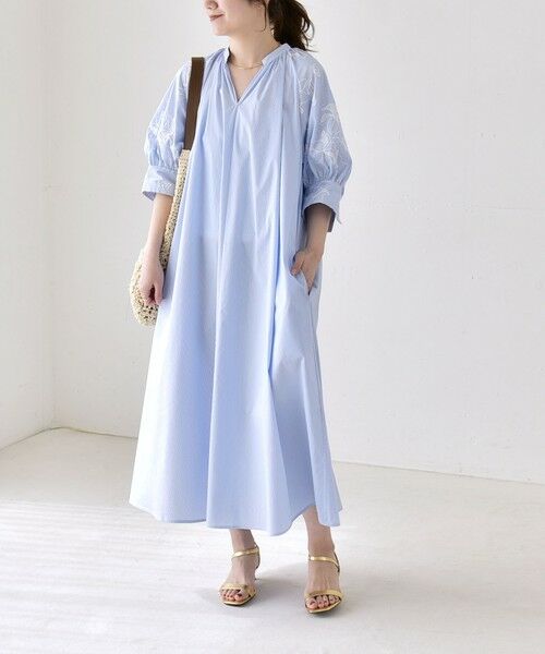 SHIPS / シップス ロング・マキシ丈ワンピース | 《予約》quaranciel:〈洗濯機可能〉ストライプ フラワー刺繍 スキッパー シャツ ワンピース | 詳細7
