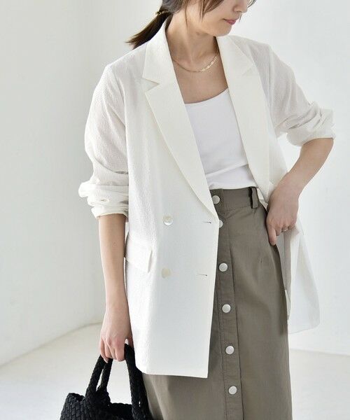SHIPS / シップス セットアップ | 《予約》quaranciel:〈手洗い可能〉シアー カラミ テーラード ダブル ジャケット（オフホワイト）
