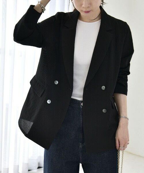 SHIPS / シップス セットアップ | 《予約》quaranciel:〈手洗い可能〉シアー カラミ テーラード ダブル ジャケット（ブラック）