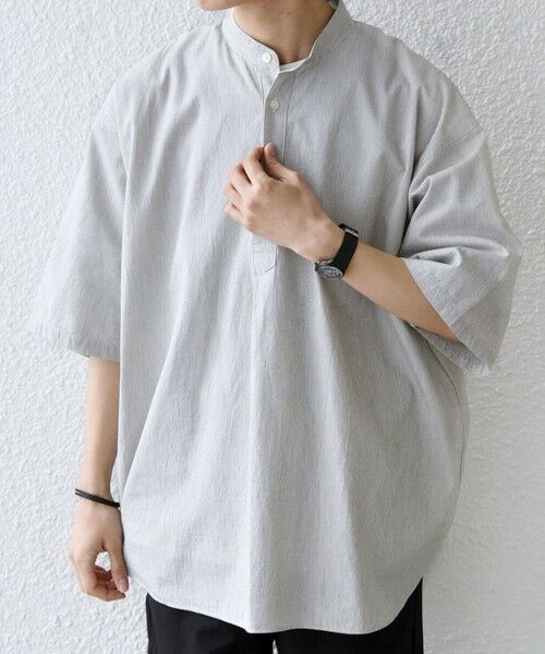 SHIPS / シップス シャツ・ブラウス | SHIPS any:〈洗濯機可能〉コットン/リネン ストライプ バンド スキッパー ハーフスリーブ シャツ 26SS◆（グレー）