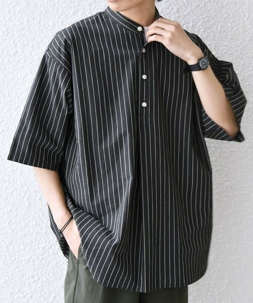 SHIPS / シップス シャツ・ブラウス | SHIPS any:〈洗濯機可能〉コットン/リネン ストライプ バンド スキッパー ハーフスリーブ シャツ 26SS◆（ダークネイビー）