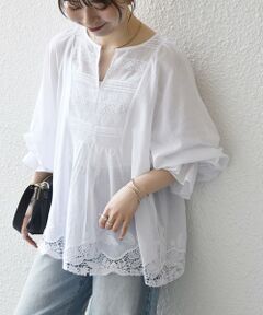 SHIPS / シップス シャツ・ブラウス | 《予約》SHIPS any:〈手洗い可能〉コットン レース ヘム キーネック ギャザー ブラウス