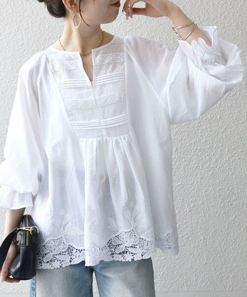 SHIPS / シップス シャツ・ブラウス | 《予約》SHIPS any:〈手洗い可能〉コットン レース ヘム キーネック ギャザー ブラウス | 詳細6