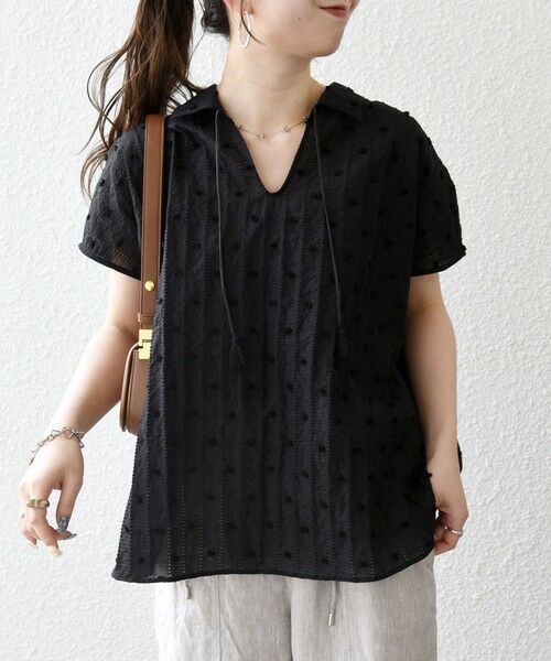 SHIPS / シップス シャツ・ブラウス | 《予約》SHIPS any:〈洗濯機可能〉ドット ジャカード タッセル スキッパー ブラウス（ブラック）