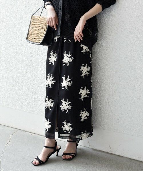 SHIPS / シップス ロング・マキシ丈スカート | 《予約》SHIPS any:〈洗濯機可能〉メッシュ レース パイピング Iライン スカート（ブラック）
