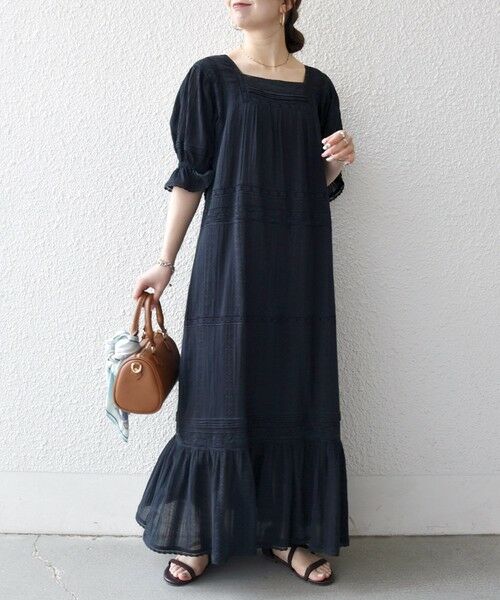 SHIPS / シップス ロング・マキシ丈ワンピース | 《予約》SHIPS any:〈洗濯機可能〉コットン ミックス レース 切り替え ギャザー ワンピース | 詳細2