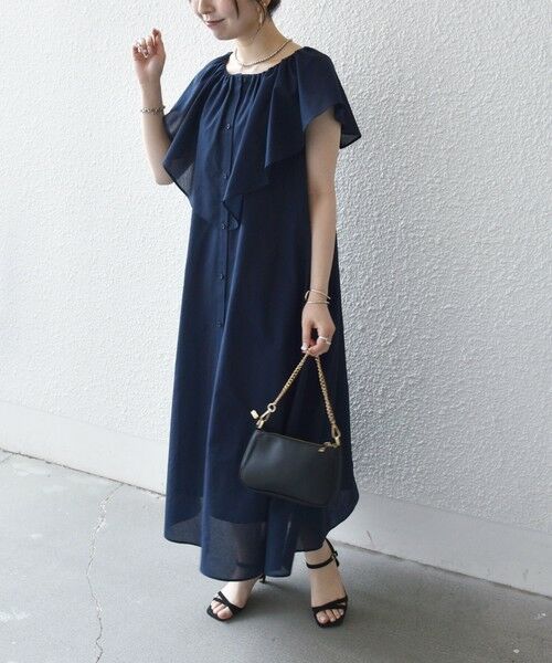 SHIPS / シップス ロング・マキシ丈ワンピース | 《予約》SHIPS any:〈洗濯機可能〉ラッフル フリル ギャザー ロング ワンピース（ネイビー）