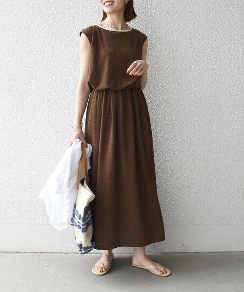 SHIPS / シップス ロング・マキシ丈ワンピース | 《予約》SHIPS any:〈洗濯機可能〉ブラウジング バイカラー フレンチスリーブ ワンピース | 詳細19